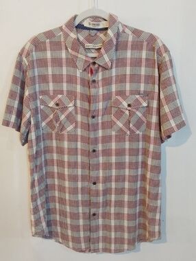 ZaneRobe| Short-Sleeve Plaid Button-Up Shirt Red & White Black Preppy Linen XL
